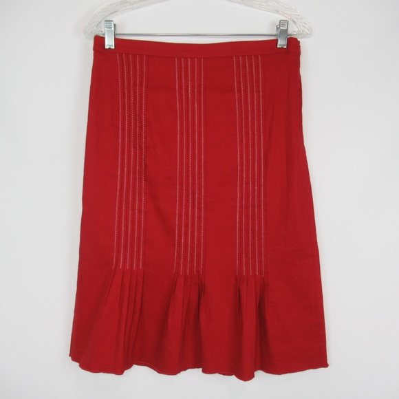 INSIGHT Red Embroidered Ruffled Pleated Hem Skirt Knee Length Women’s Size 6 - Picture 5 of 11